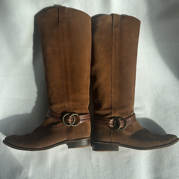 Frye Brown Suede Women’s Knee High Riding Boots Sz 8.5 Leather Brass Details - Picture 7 of 16